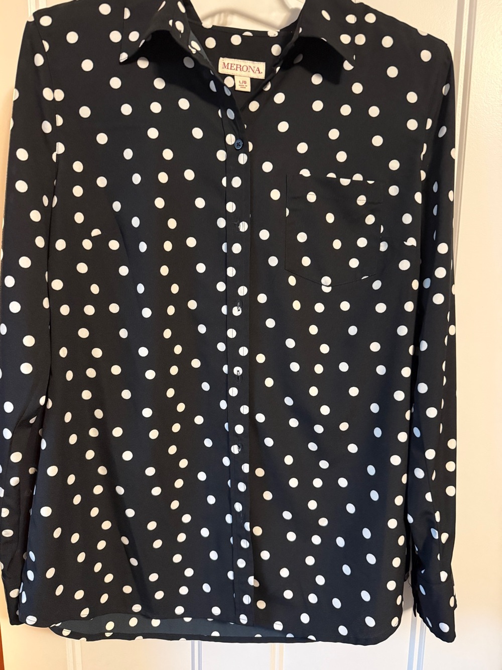 Merona Large Navy Blue White Polka Dot Button Down Blouse